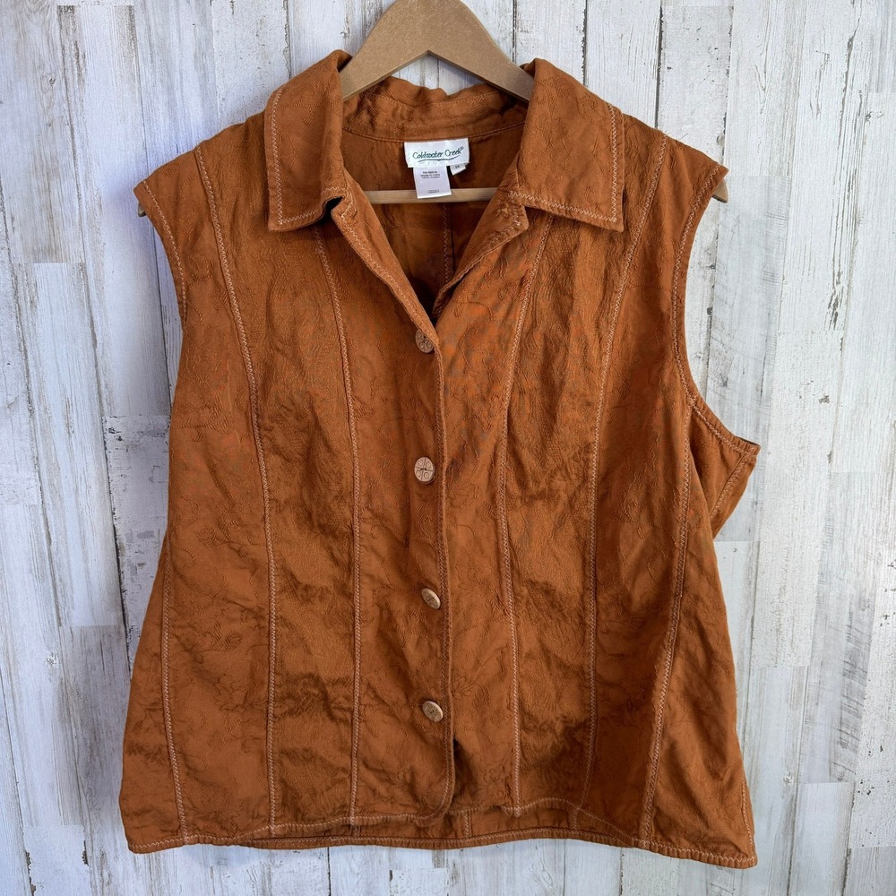 Coldwater Creek Vest Women 1X Brown Floral Jacquard Boho Western Festival Cotton